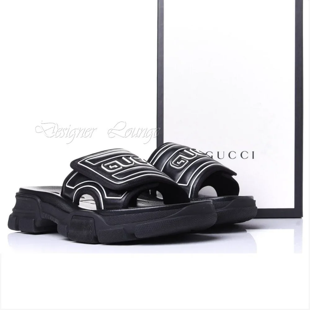 NEW GUCCI Aguru Black Leather & Rubber Logo Sandals Slides G 11 / US 11.5
